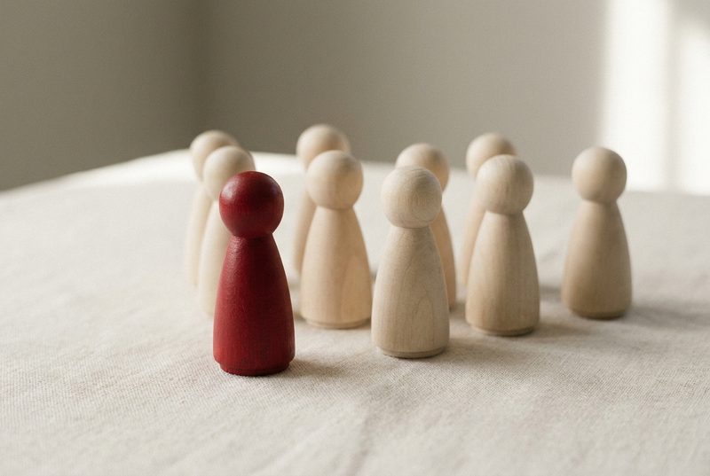 Nine plain wooden peg figures grouped on linen, one of them red and standing a little ahead of the rest.