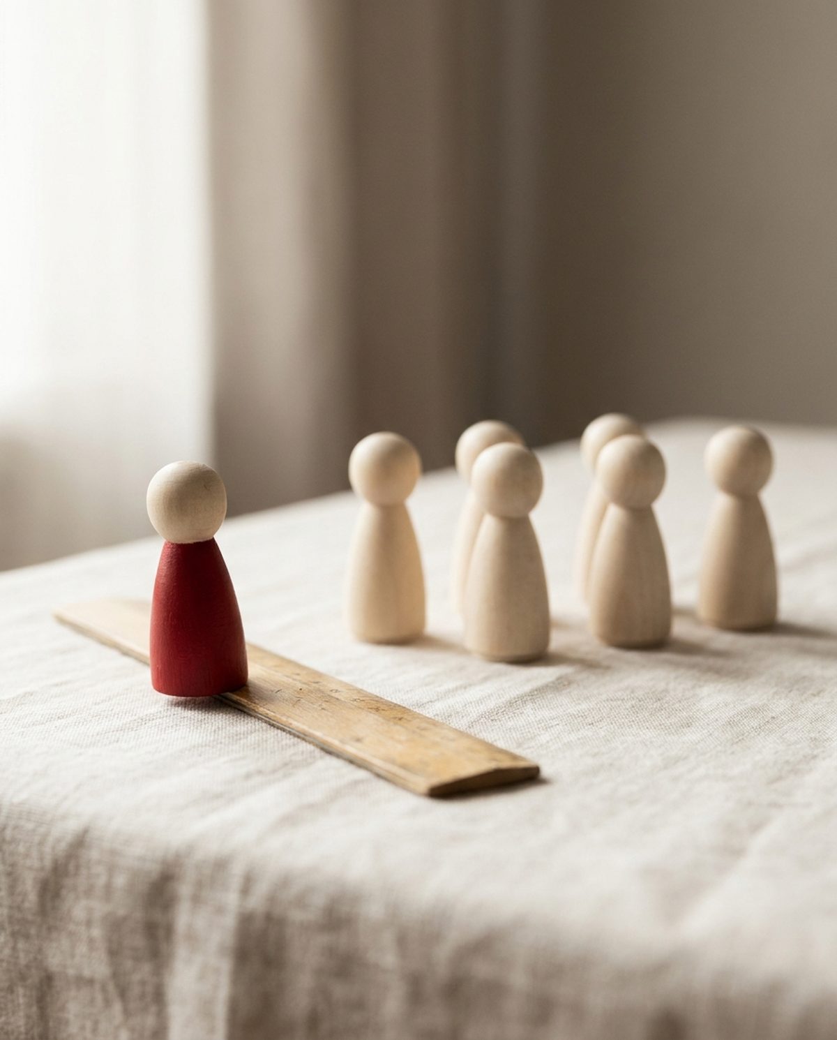 Six wooden peg figures on linen; the first, painted red, stands on the edge of a wooden rule laid flat like a first step.