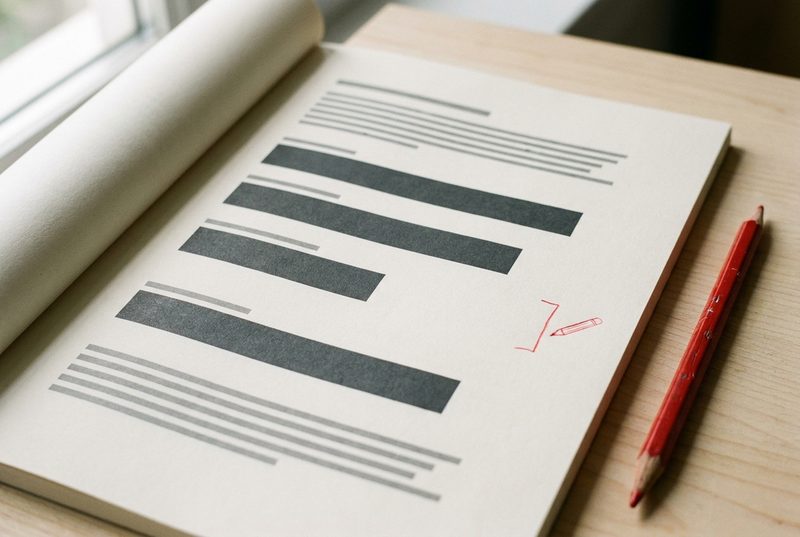 A printed report open on a desk, showing four dark bar charts with the third one short and bracketed in red pencil, and a red pencil lying beside it.