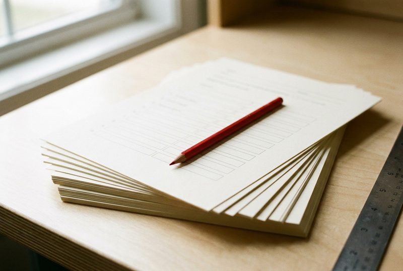 A fanned stack of blank questionnaires on a wooden desk by a window, with a red pencil on top and a steel rule beside the stack.