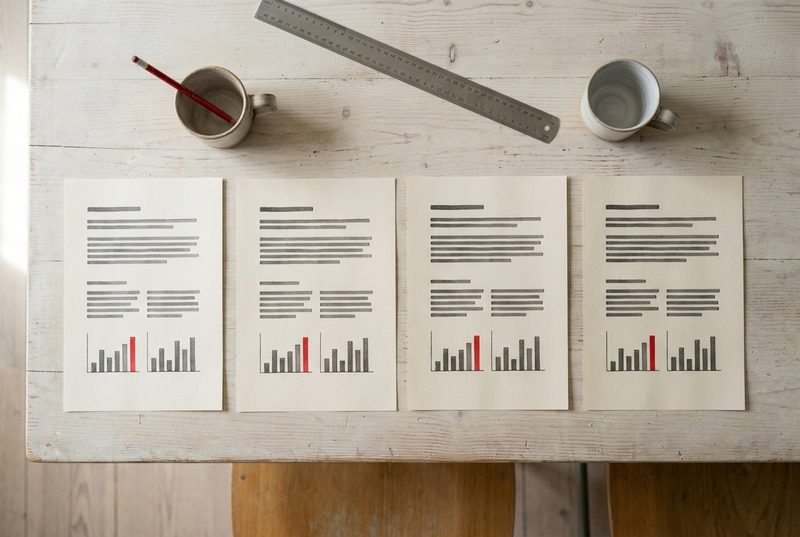Four printed profile sheets in a row on a pale wooden table, each with small bar charts and one bar in red, with a steel rule, a red pencil in a cup and a second cup above them.