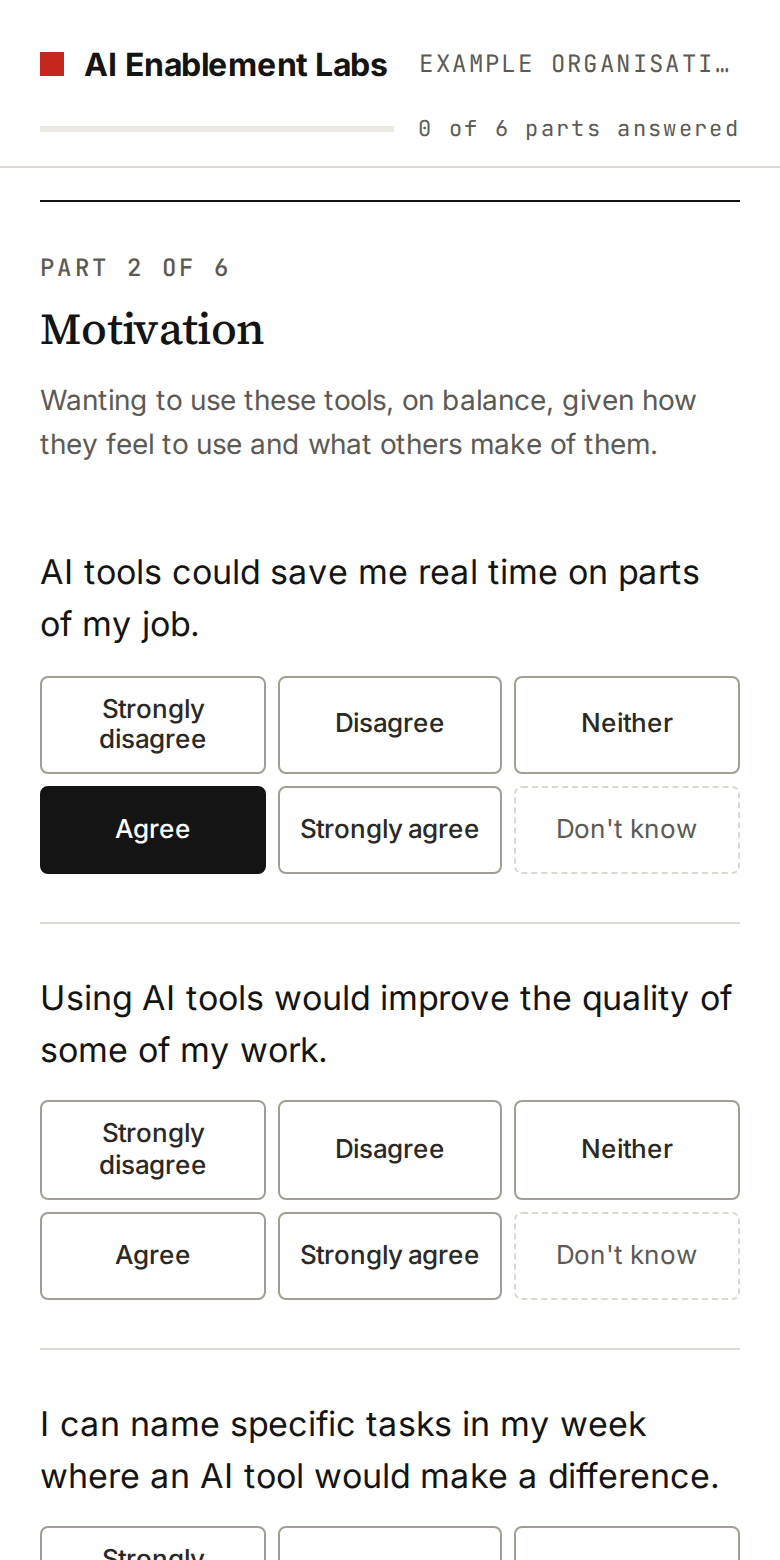 The questionnaire on a phone: part 2 of 6, Motivation, with statements answered on a five-point scale plus don't know.